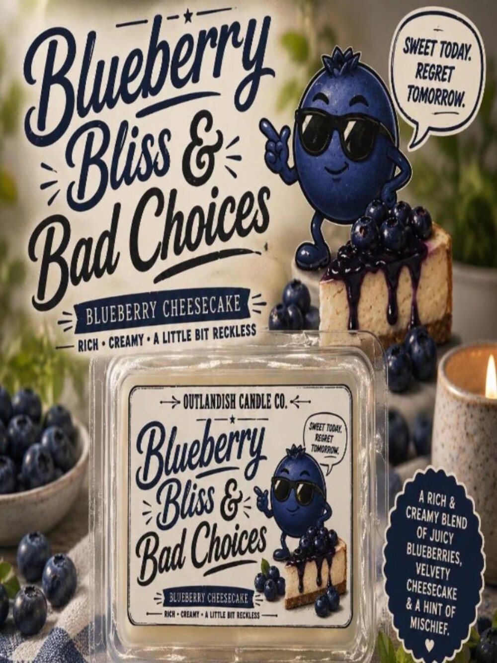 Blueberry Bliss and Bad Choices Wax Melt- blueberry cheesecake scent!